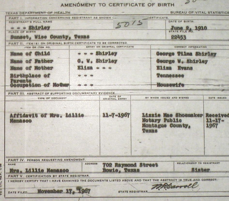 Wise County Birth Certificates (1900-1930's) Numbers 5000-9500